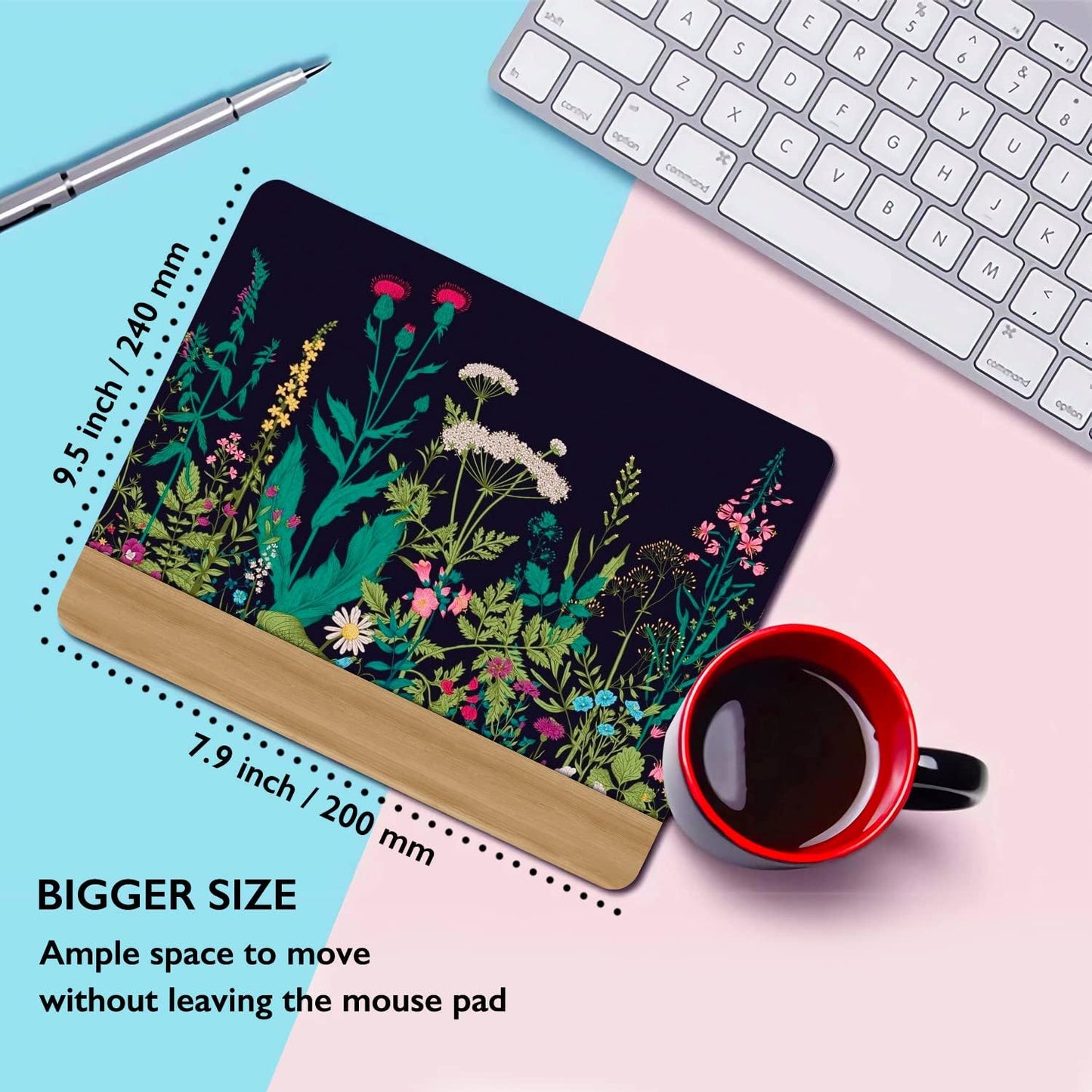 Wood grain floral mouse pad, of 9.5x7.9x0.12 inches