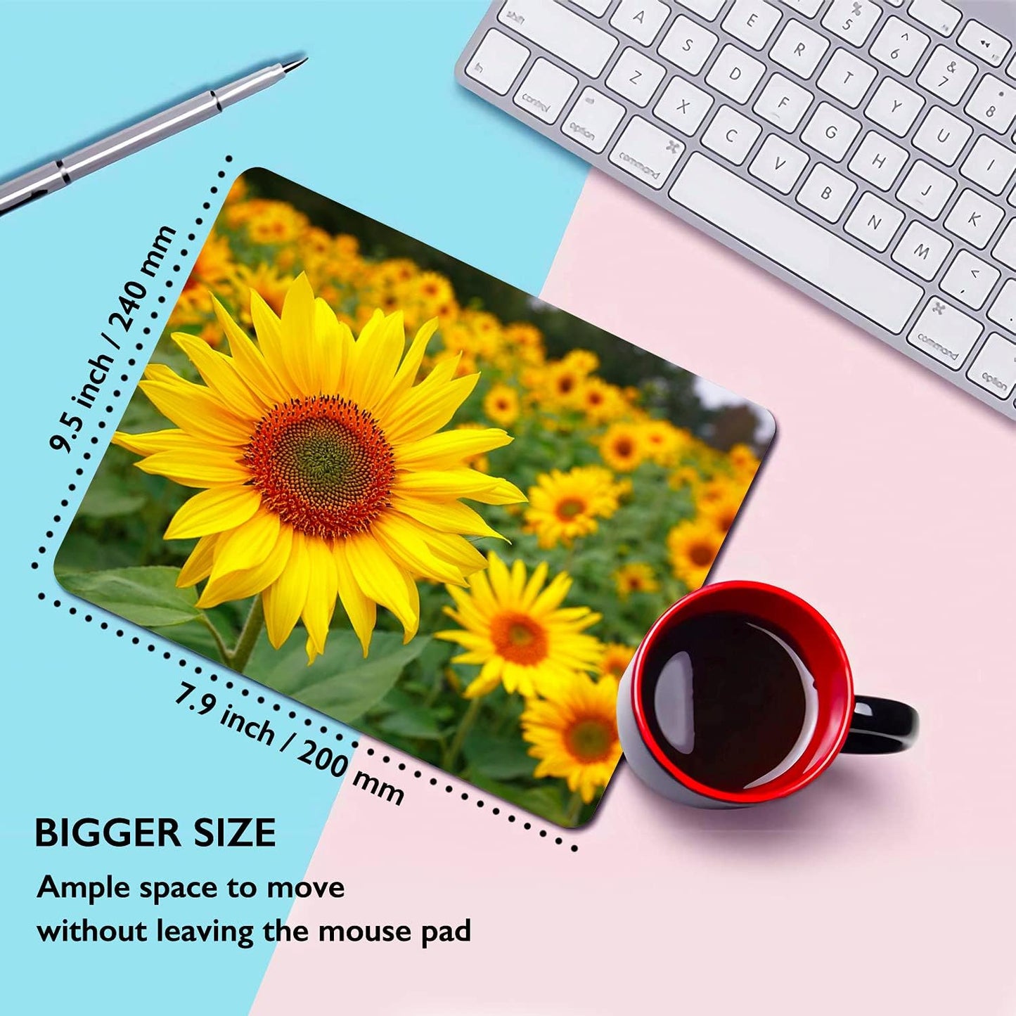 Wood pretty sunflowers mouse pad, of 9.5x7.9x0.12 inches
