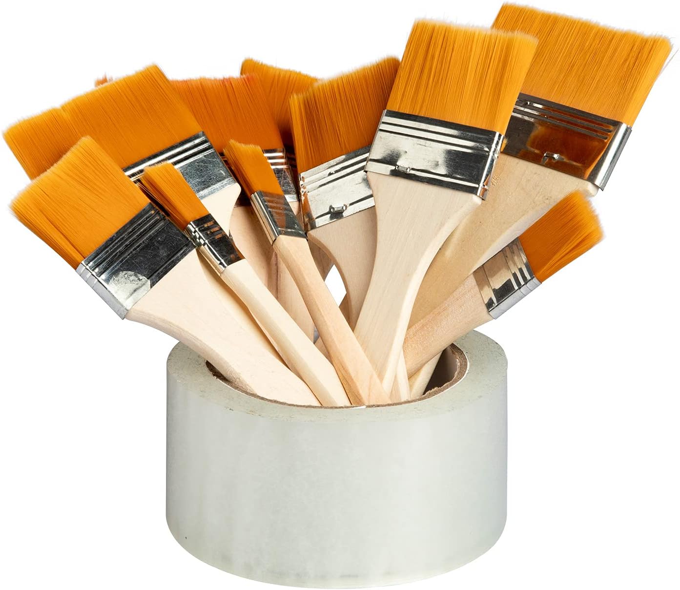 12 nylon brushes of various sizes with wooden handles (yellow)