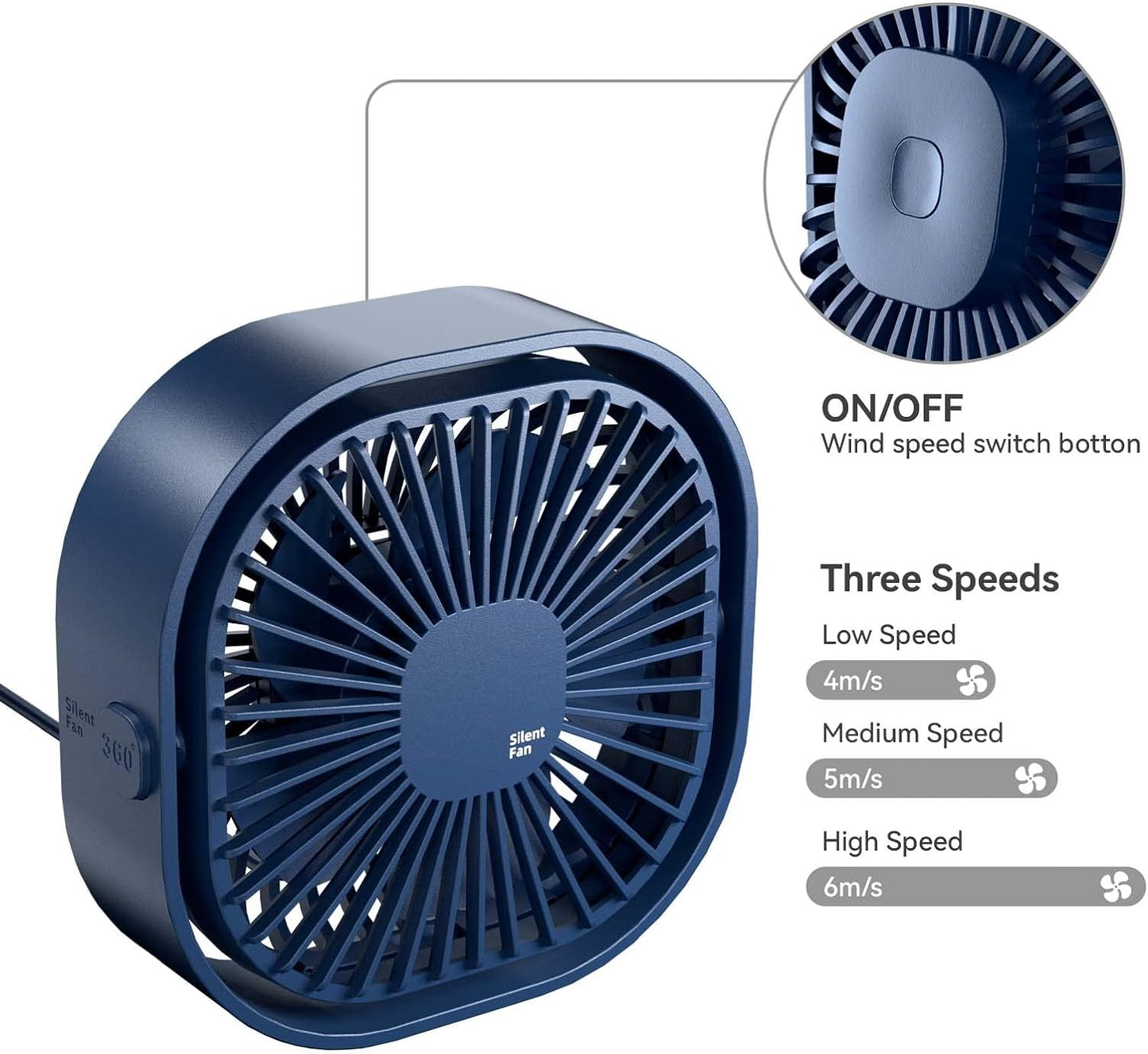 4 Speed Portable USB Desk Fan (Blue)