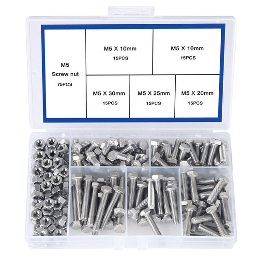 M5 304 Stainless Steel Bolt and Nut Set, Nut Assortment, Hex