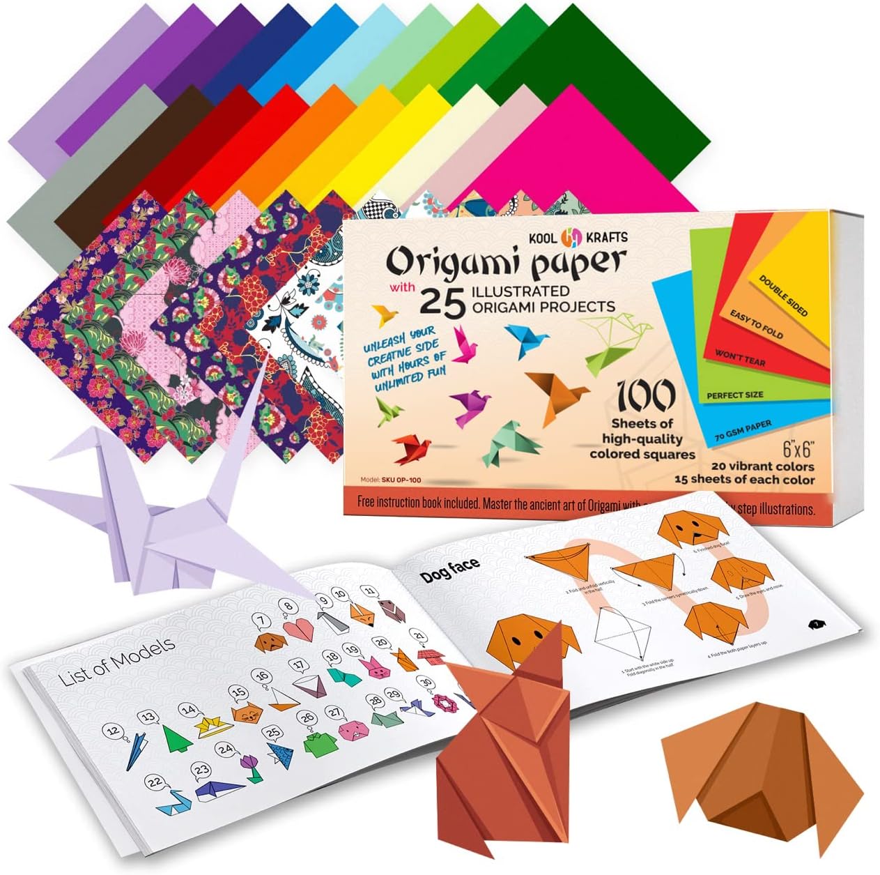 Kit 100 Origami Papers, 100 sheets, 20 different colors