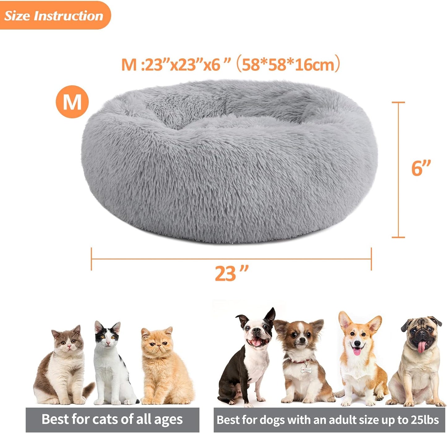 Fluffy Pet Bed, Non-Slip Donut Shape, Medium 23" x 23" Grey