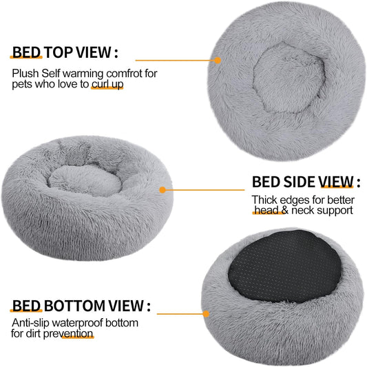 Fluffy Pet Bed, Non-Slip Donut Shape, Medium 23" x 23" Grey