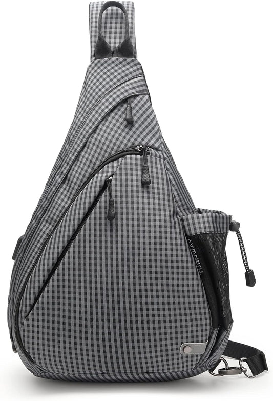 Waterproof shoulder bag, with travel charging port, Grey Grid
