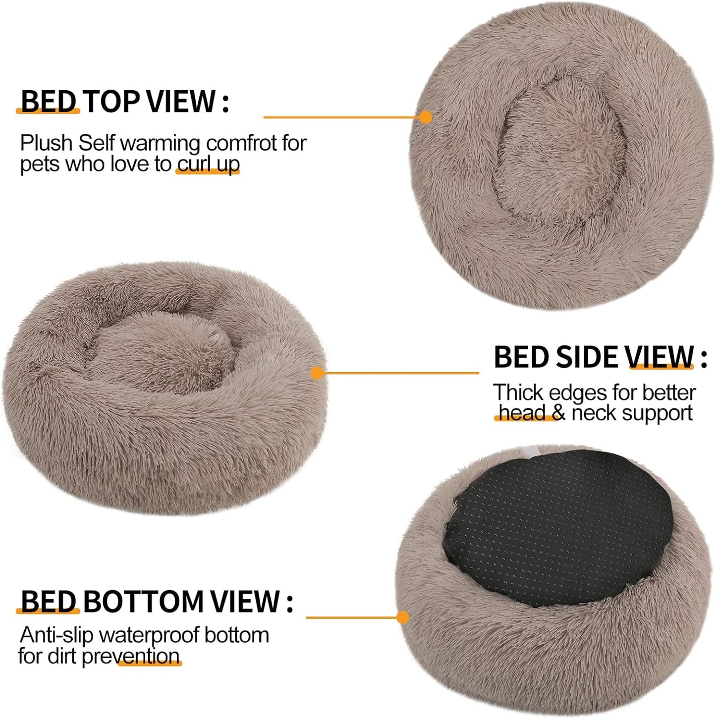 Fluffy Pet Bed, Non-Slip Donut Shape, Medium 23" x 23" (Beige)