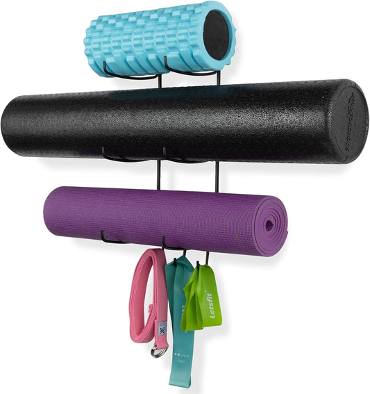 Wall mount and towel rail with 3 hooks for hanging yoga strap and resistance bands, 3-section metal