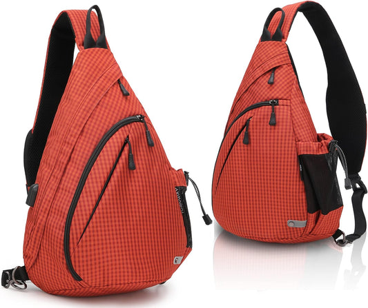 Waterproof shoulder bag, with travel charging port, Orange Grid