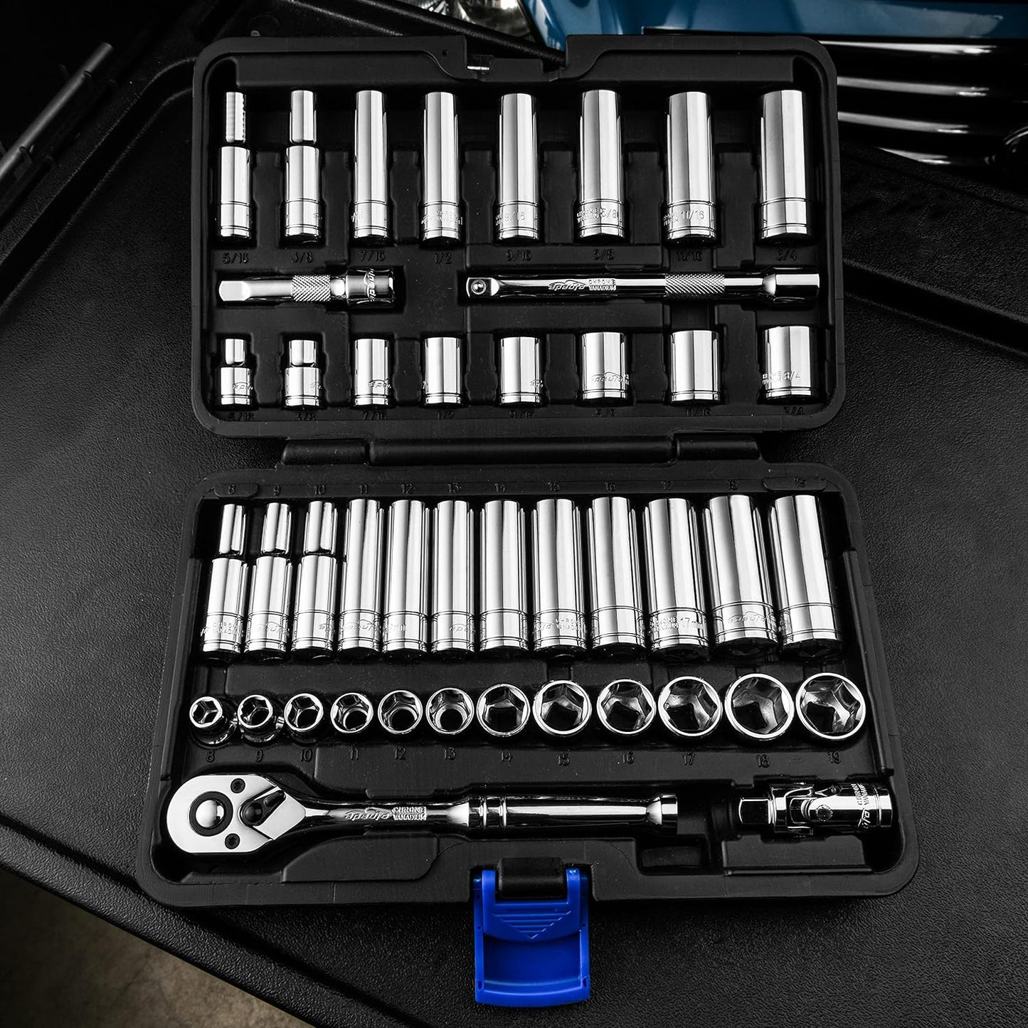 45-Piece 3/8 "Socket Set with 72-Tooth Pear Head Ratchet