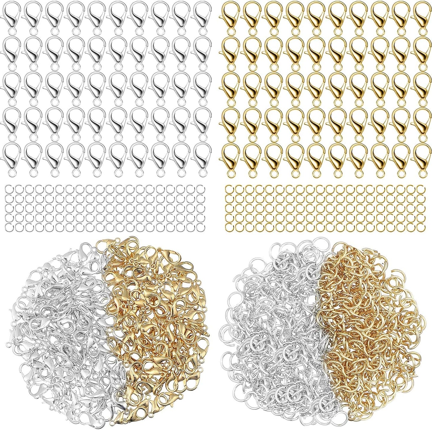 600 Pieces Lobster Clasps and Open Rings for Jewelry(Gold/Silver)